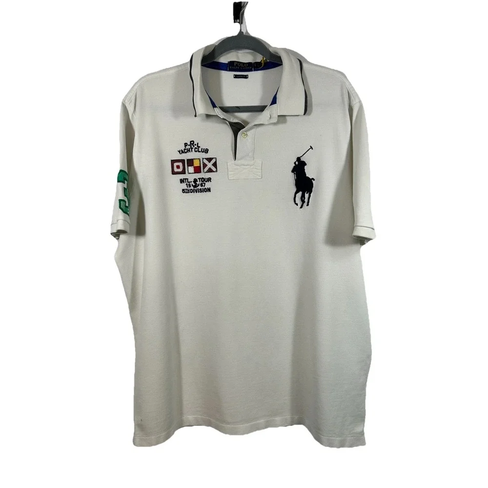 POLO RALPH LAUREN Polo Shirt Men's L Big Pony White Yacht Club Nautical‎ Preppy